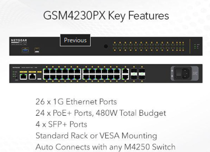 Netgear GSM4230PX-100 / M4250-26G4XF-PoE+   24x1G PoE+ 480W 2x1G and 4xSFP+ Managed Switch AV Line