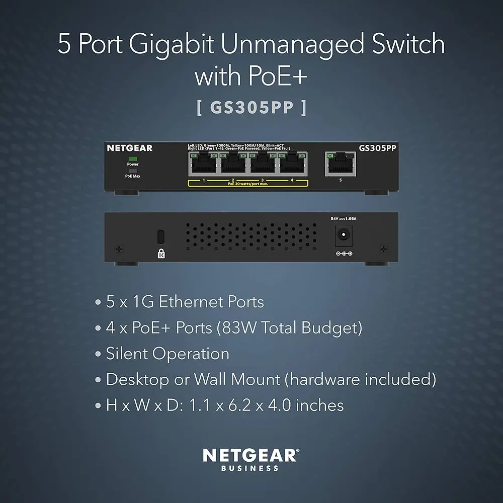 Netgear GS305PP-300EUS   5PT GE POE+ (4PT POE/POE+ , total 83W) Unmg. Switch