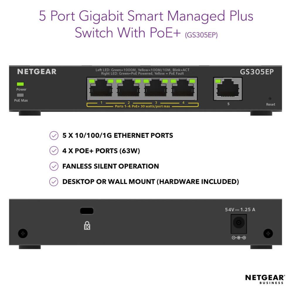 Netgear GS305EP-100EUS   5PT GE PoE+ (63W) Easy Smart Managed Plus Switch