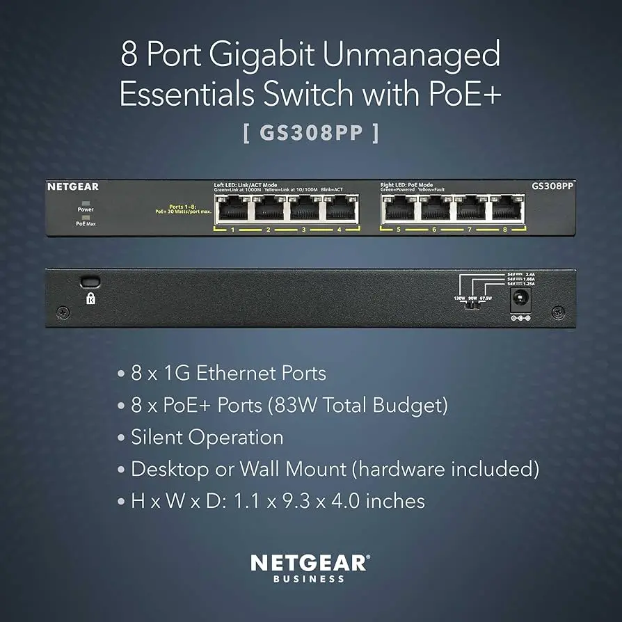 Netgear GS308PP-100EUS   8PT GE Unmg. Switch POE/POE+ (83W up to 123W w/separately purchased PSU)