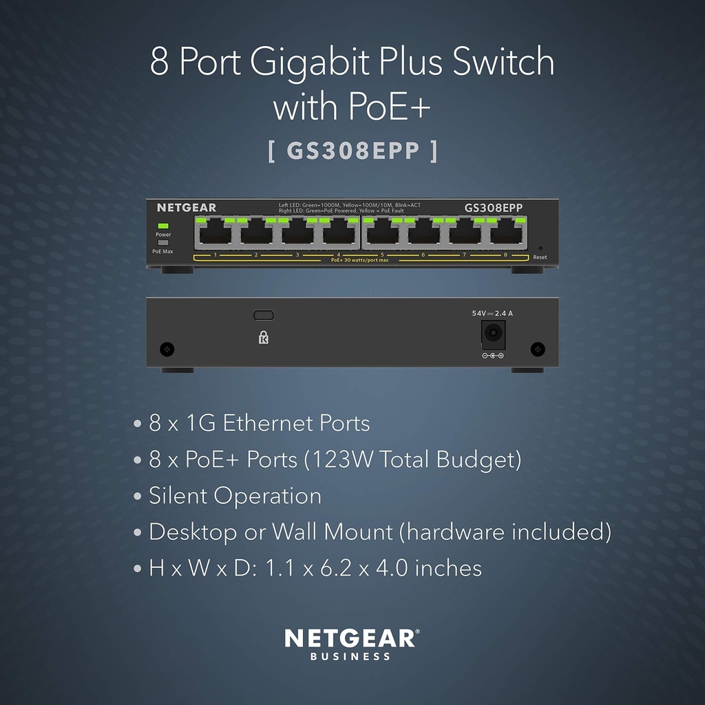 Netgear GS308EPP-100EUS   8PT GE PoE+ Easy Smart Managed Plus Switch  (123W)