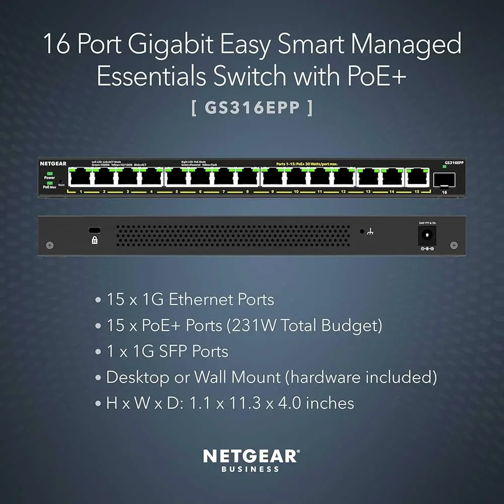 Netgear GS316EPP-100EUS   16PT GE PoE+ (231W) (15PT Copper, 1PT SFP)Easy Smart Managed Plus Switch