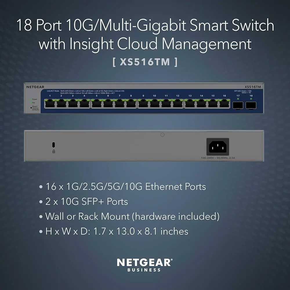 Netgear XS516TM-100EUS   16PT 10G/Multi-Gigabit ports with 2x10G SFP+ L2+/Lite L3 Smart Switch