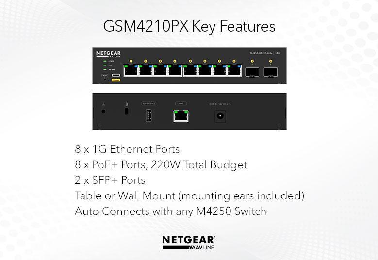 Netgear GSM4210PX-100EUS / M4250-8G2XF-POE+   / 8x1G PoE+ 220W and 2xSFP+ Managed Switch AV Line