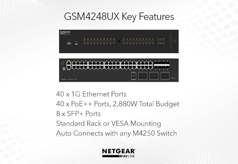 Netgear GSM4248UX-100EUS / M4250-40G8XF-POE++ / 40x1G PoE++ 2880W and 8xSFP+ Managed Switch AV Line