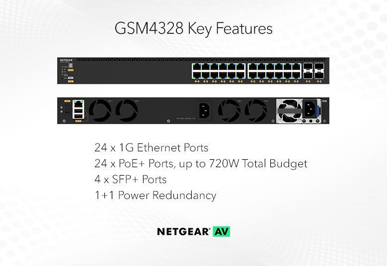 Netgear GSM4328-100NES / M4350-24G4XF / 24x1G PoE+ and 4xSFP+ (648W base, up to 720W) Managed Switch AV Line