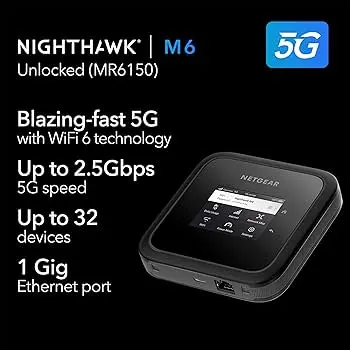 [MR6150-100EUS] Netgear MR6150-100EUS / Nighthawk M6 Pro 5G Mobile Hotspot for high-speed connectivity on the go. 5G/4G LTE Cat 20, Wi-Fi 6 AX3600 (3.6 Gbps), up to 32 devices, 13h battery, eSIM.